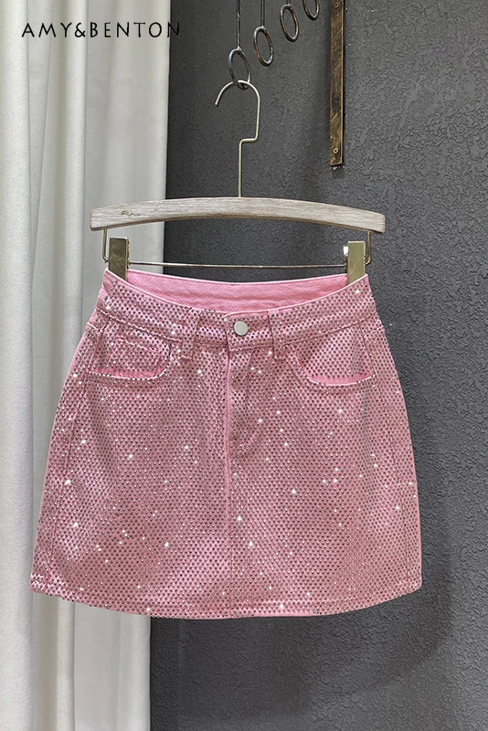 

2024 Summer New Sweet Hot Girl Sexy Mini Skirt High-End Personality Diamond Embedded Pink Denim Skirt Women Pink A-line Skirts