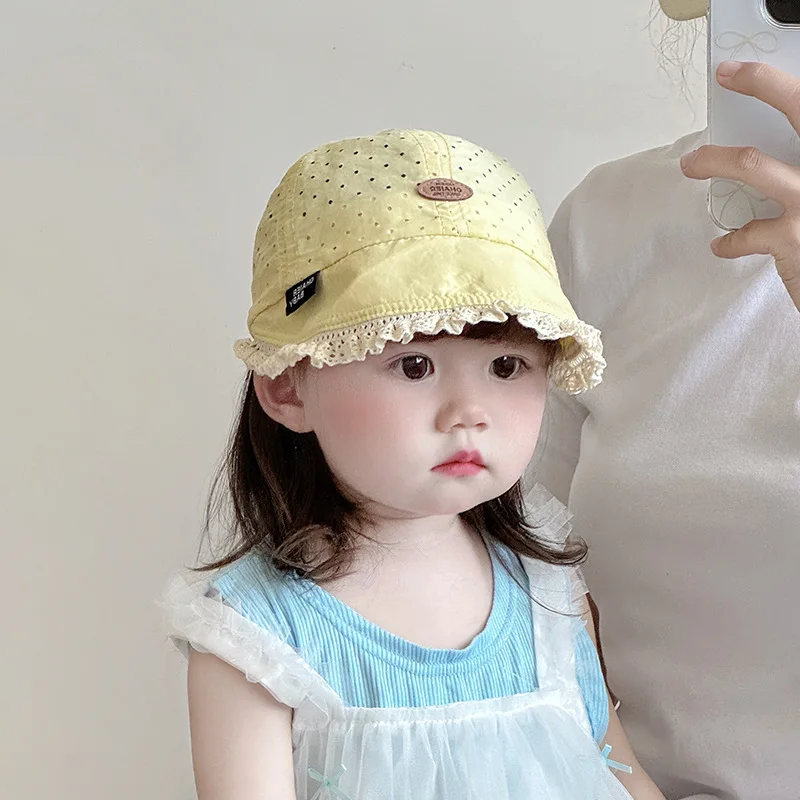 

Lace Ruffle Princess Sun Hat Hollow Breathable Girls Duck Tongue Cap Summer Children Sunshade Visors 6-24Month Baby Peaked Hats
