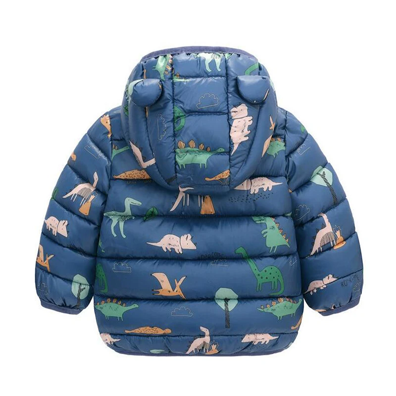 Lightweight Down Jacket Kids Boy Girl Baby Blue Cartoon Dinosaur Zipper Hooded Coats Autumn Winter Christmas Outerwear 1-5 Years