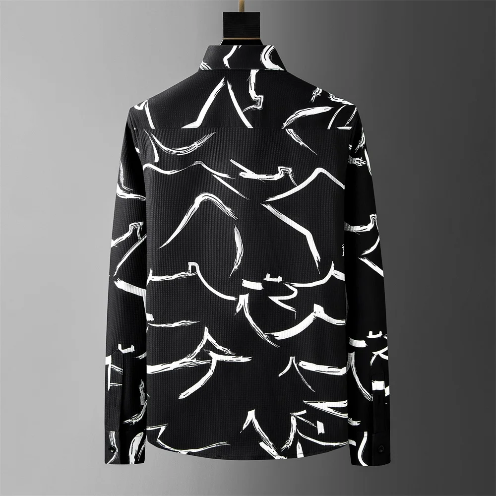 British Style Printed Men's Shirt Long Sleeve Loose Casual Shirts Men Clothing 2024 Autumn Business Social Party Tuxedo Blouse