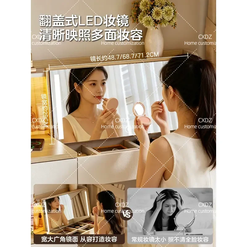 Solid wood flip dresser hidden mirror log cream wind bedroom small apartment 80cm bedside with lock makeup table