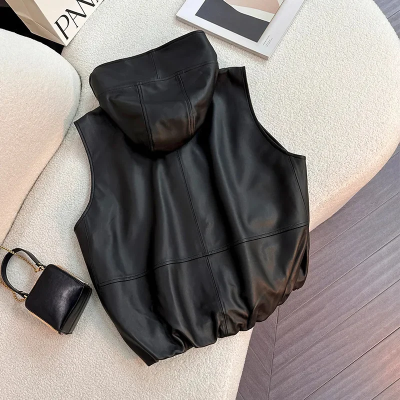 2024 Spring Autumn Hooded Leather Vest Short Coat Tops Women Loose New Casual Vests Fashion Leather Waistcoat Outwear Female