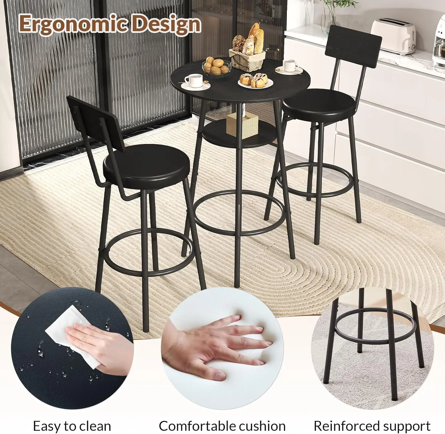 3-Piece Round Bar Table Set with Storage, Black Kitchen Dining Table for Two and Cushioned Stools