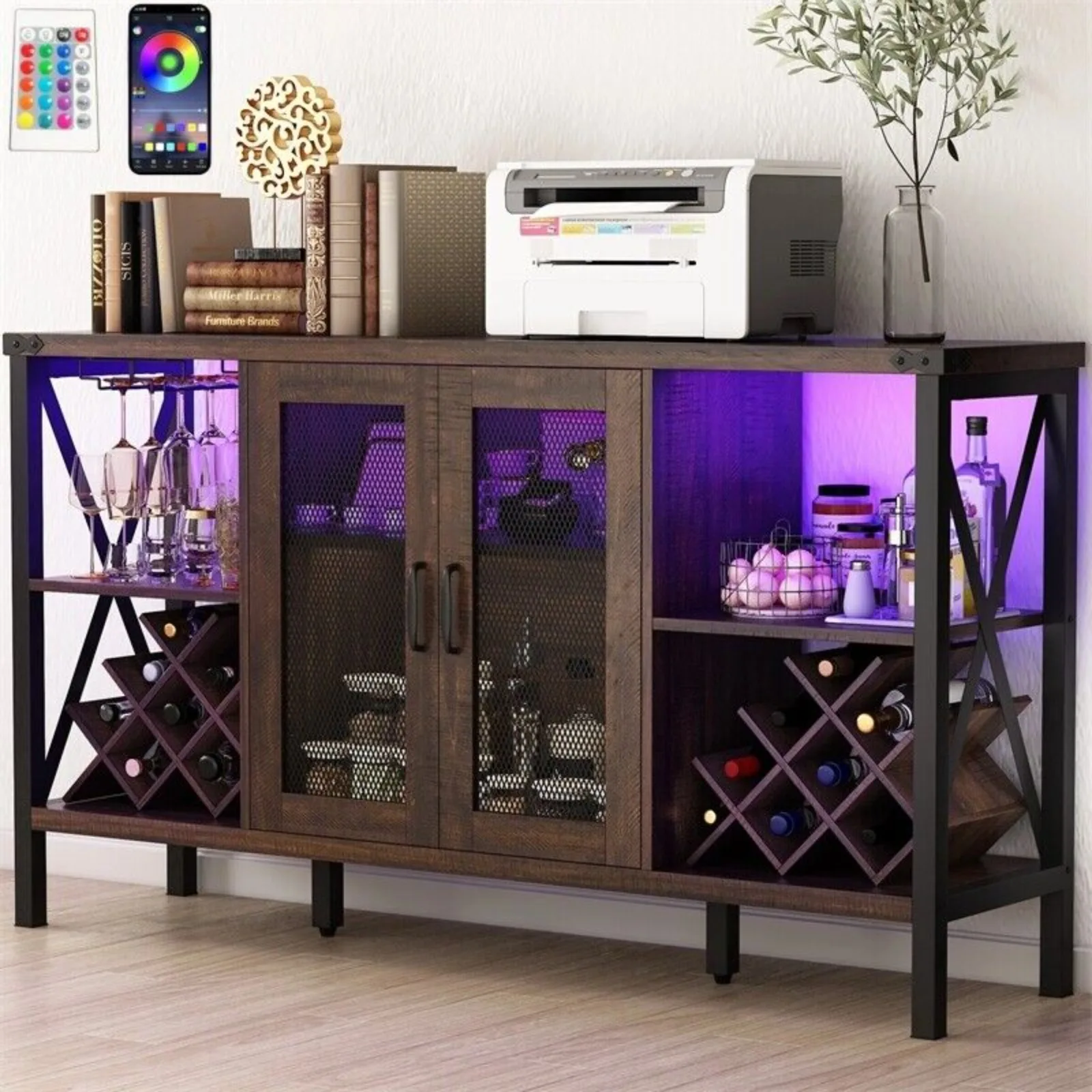 

US55-inch LED light bar cabinet with socket and wine rack, country bar coffee bar-