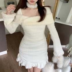 Korean Style Kawwaii Knitted Plush Dress Women Slash Neck Off Shoulder Y2k Party Mini Dresses Sweet Ruffle Sweater Bodycon Dress