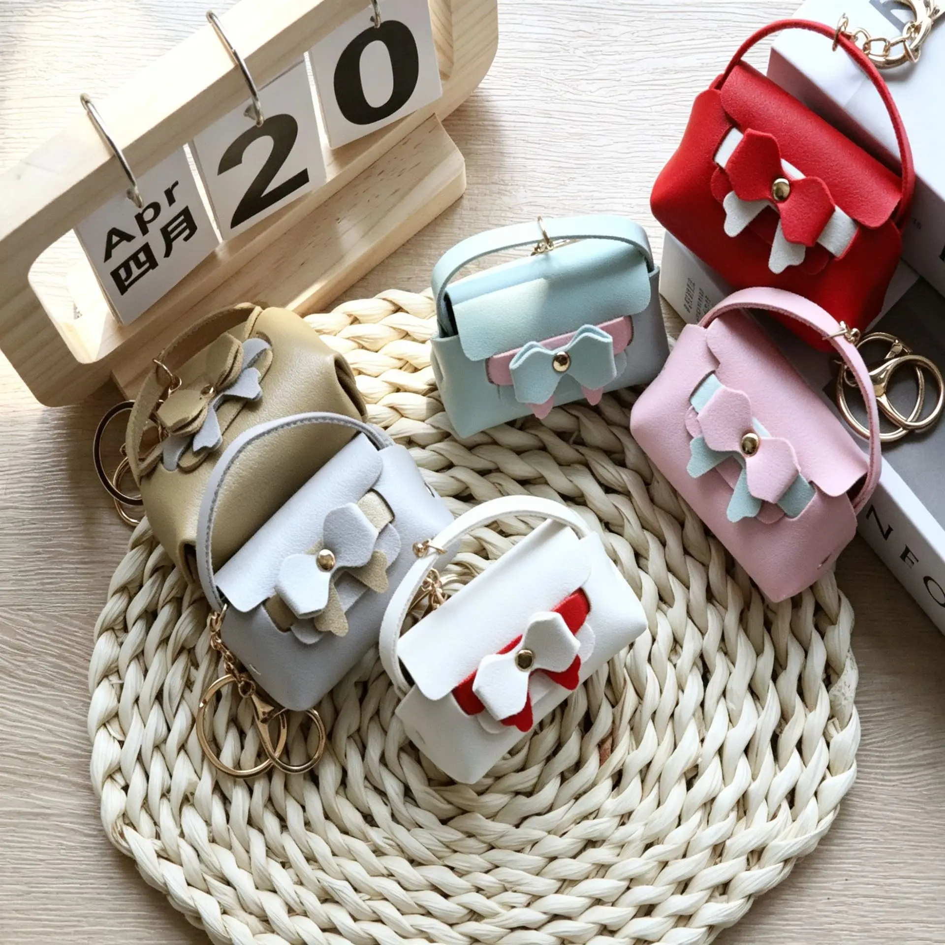 New Bow Contrasting Color Mini Handbag Keychain Bluetooth Headset Storage Bag Cute Change Bag Pendant