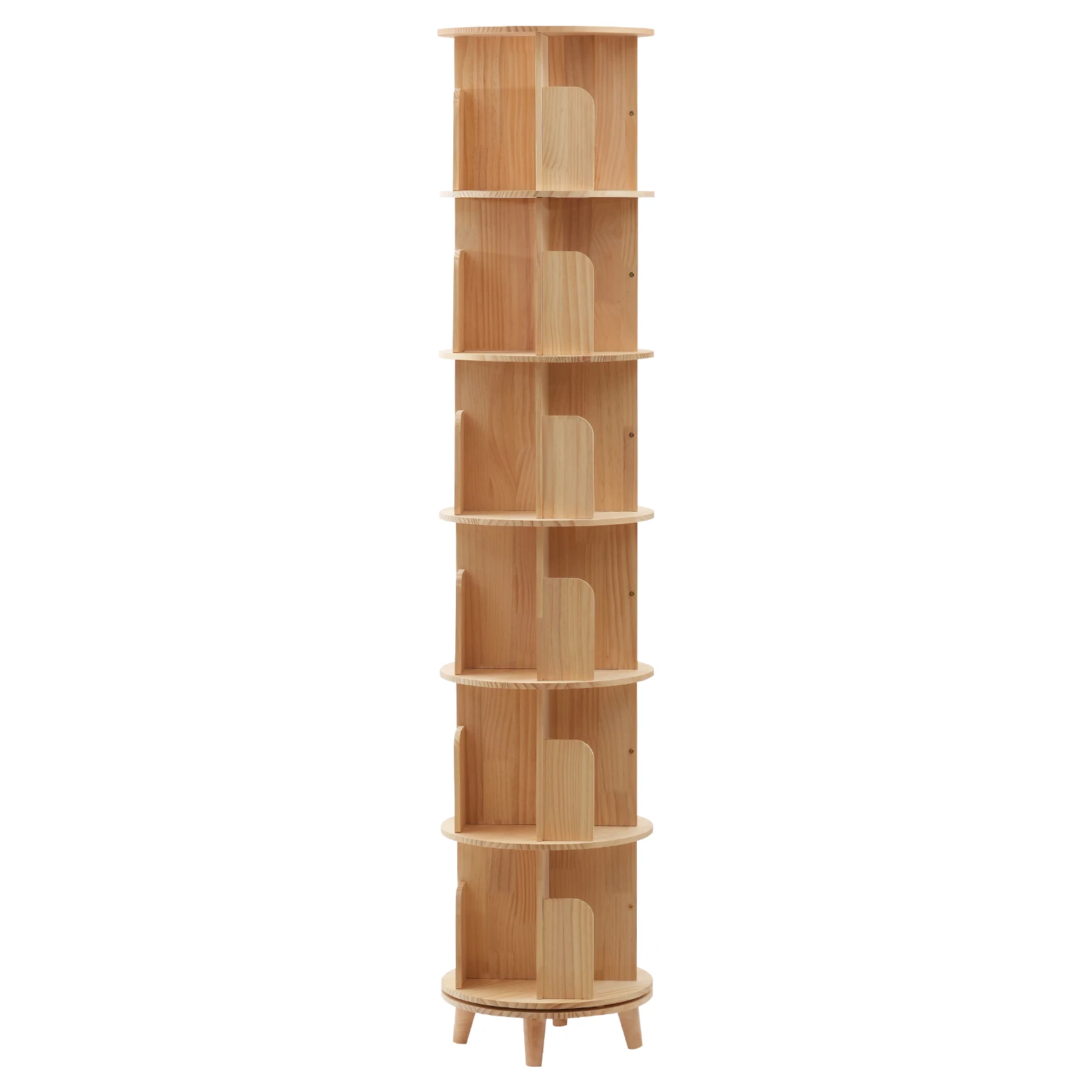 360°Rotating 6 Tiers Solid Hardwood Freestanding Stackable Floor Standing Storage Display Rack Multi-Functional Wood Book Shelf