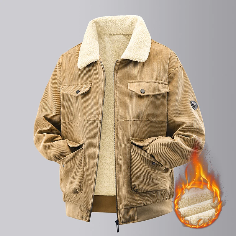 

2025 Winter Mens Corduroy Jacket High Quality Thick Lamb Fleece Lined Cotton Parka Warm Winter Coat Corduroy Coat for Men
