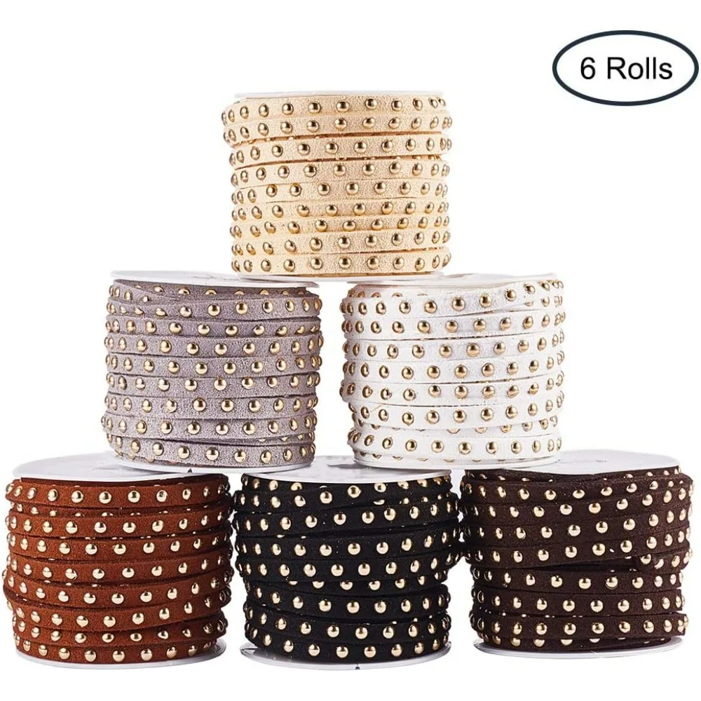 6 Rolls Flat Faux Suede Leather Lace 5mm Micro-Fiber Leather String Cord Beading Thread with Golden Tone Alloy Rivet