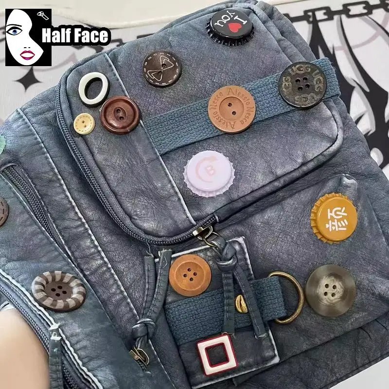 Y2K Spicy Girls Harajuku Women Retro Gothic Creative Buttons For Washed Denim Punk One Shoulder Lolita Design Crossbody Bag Tote