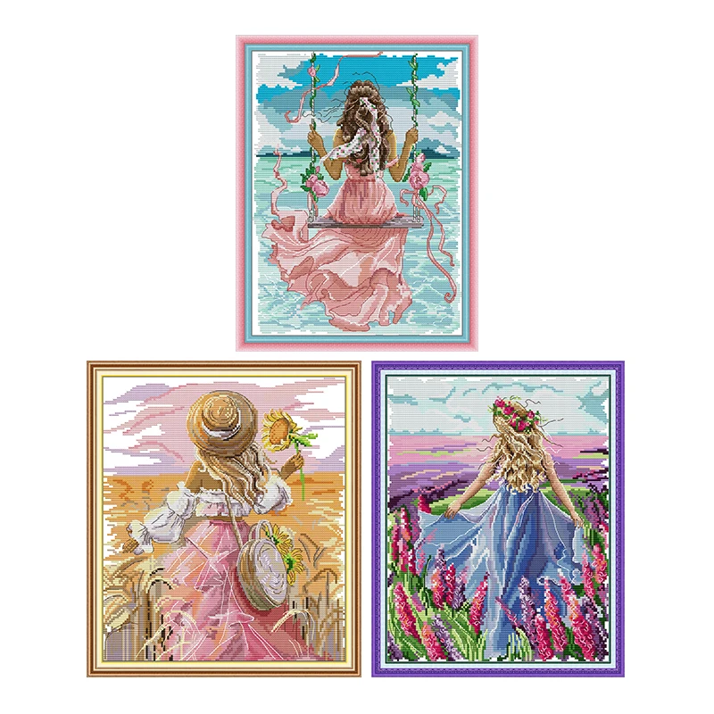 Sunflower girl cross stitch kits aida 14ct 11ct count print canvas sea view girl cross stitch needle embroidery DIY handmade