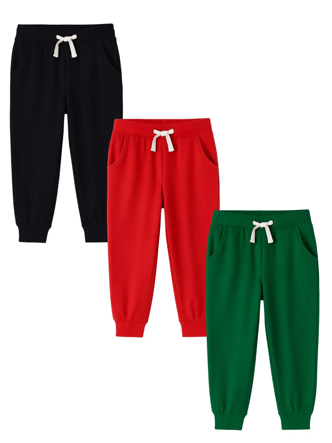 

3-piece set of pure cotton boys' pants in solid color, red, green, and black, with drawstring and pockets, suitable for outdoor