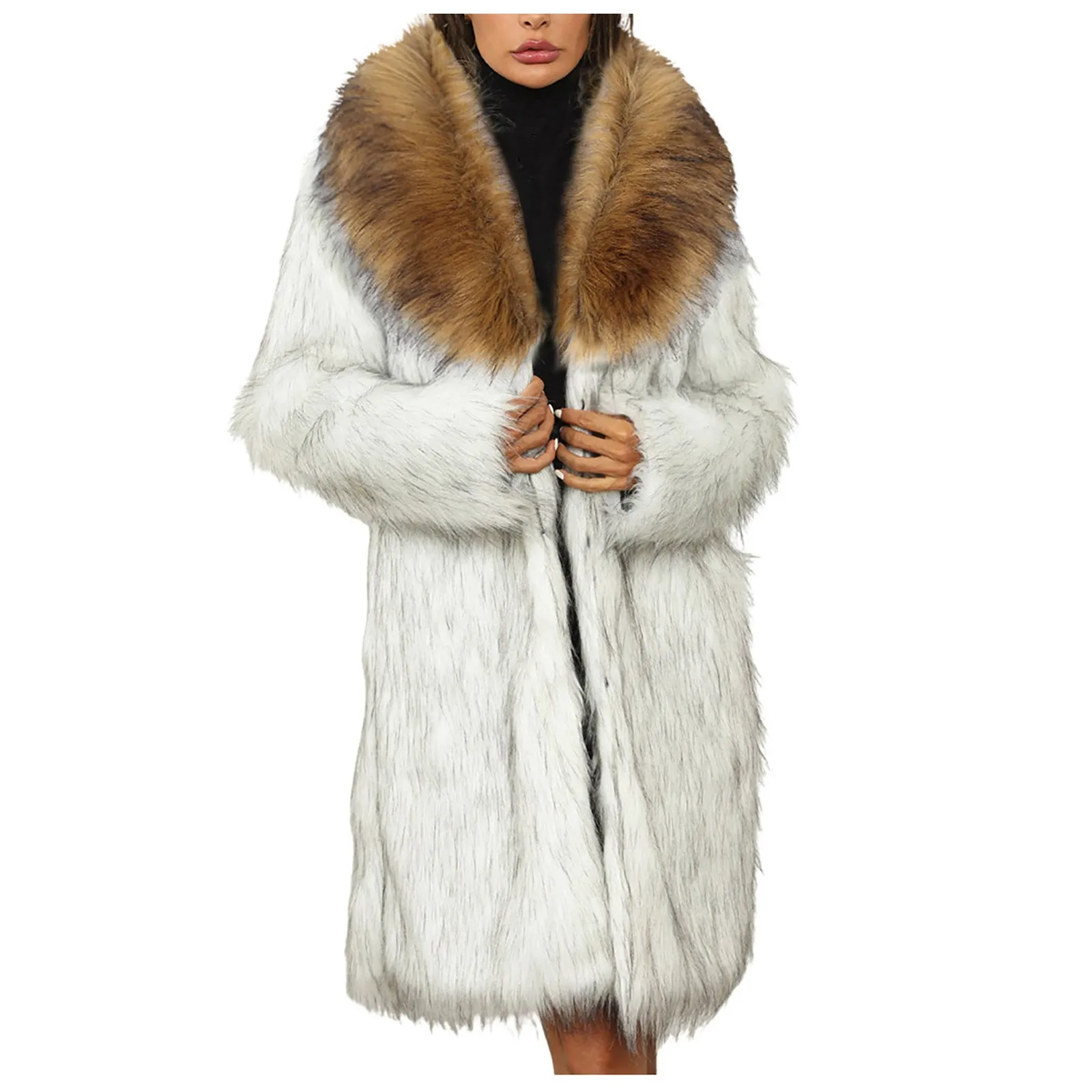 

Fur Collar Streetwear Cardigan Trench hicken Faux Fur Coats Women Open Front Mid Length Overcoats Elegant Large Size Puffy