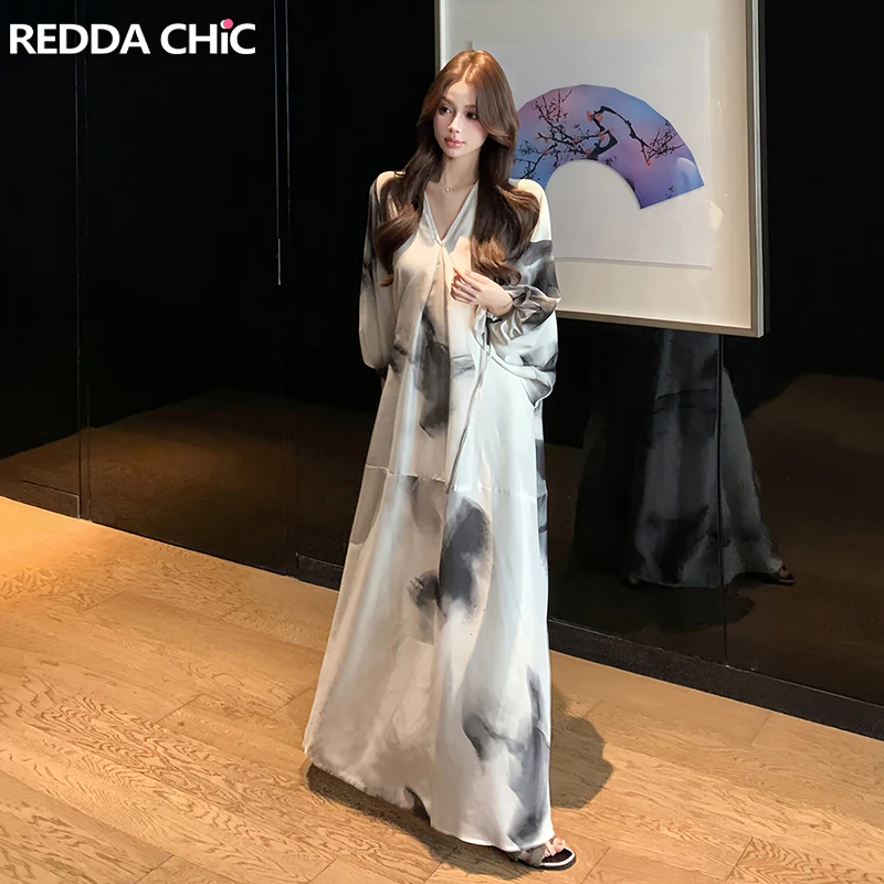 

Летнее платье ReddaChic с завязками на рукавах, V-образным вырезом, свободного кроя, драпированное, струящееся, макси, длинное, цельное, для отпуска, повседневная женская одежда