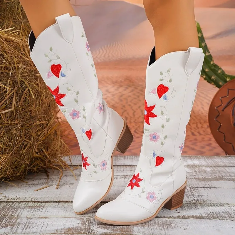 

6CM Western Women Boots Autumn Winter Fashion Chunky Heeled Cowboy Boots Vintage Style Country Western Cowgirl High Heels Boots