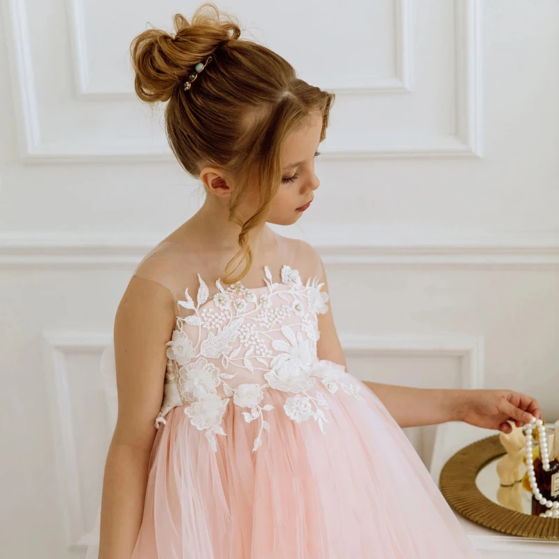 Vestido rosa claro para niña, apliques blancos de tul con lazo, sin mangas para boda, fiesta de cumpleaños, primera comunión