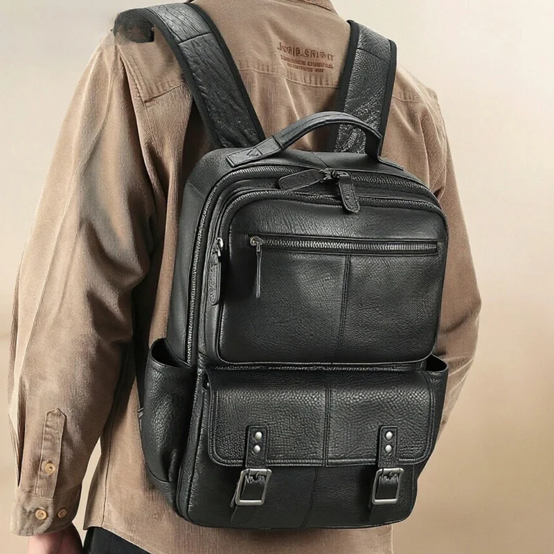 Men Genuine Leather Backpack With Dual Compartments And Buckle Pockets Square Business Travel Laptop Bag Heavy Duty Cowhide