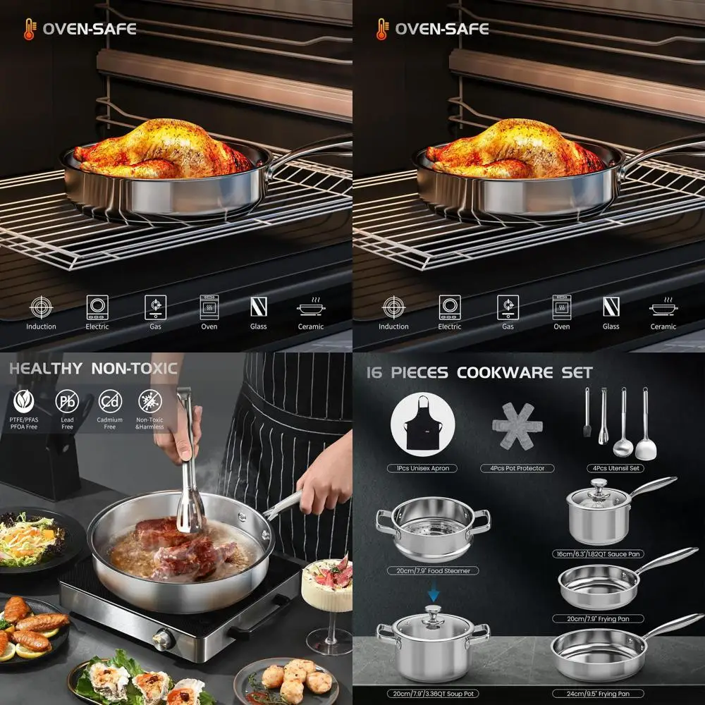 

Нетоксичный 16-предметный набор посуды с пароваркой, подходит для индукционных плит, включает кухонные принадлежности, защиту для кастрюль, фартук, можно мыть в посудомоечной машине