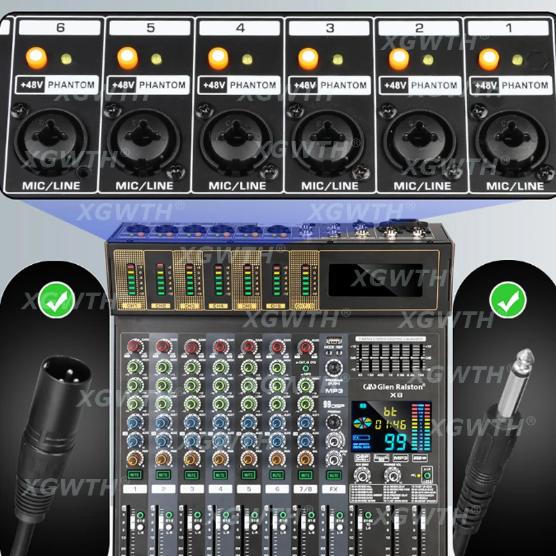 Mixer audio Scheda audio Console Sistema da tavolo 8 canali USB digitale Bluetooth OTG Console di missaggio DJ Studio 48V Phantom Power