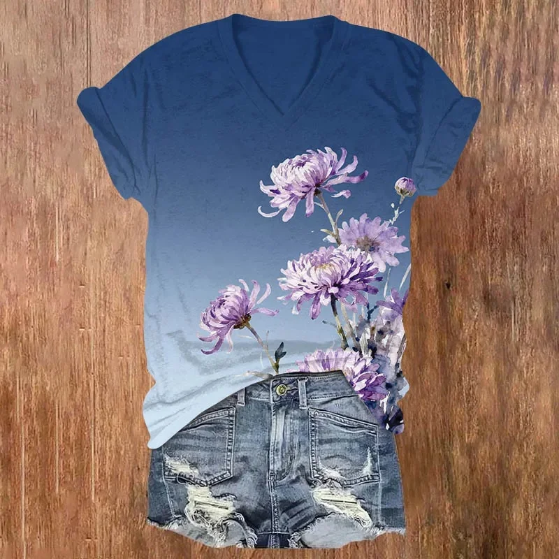 Watercolor Purple Chrysanthemum Print V-neck T-shirt Summer Women's T Shirts