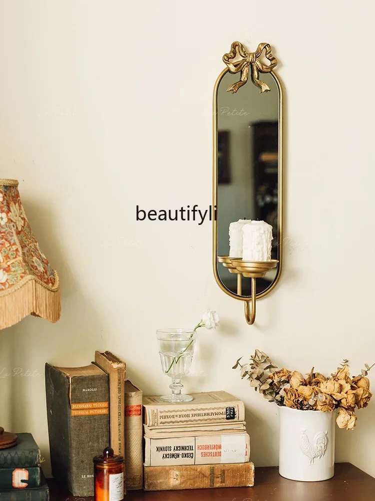 

YH Vintage wall mirror, medieval iron art dressing and makeup mirror, wall-mounted candlestick decoration, home entrance mirr