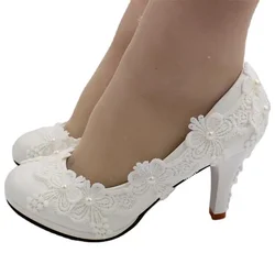 Sexy Pumps Women Wedding PU 8CM Thin Heels Fashion Shallow Pearl Lace Flower Women Party Mule Shoes White