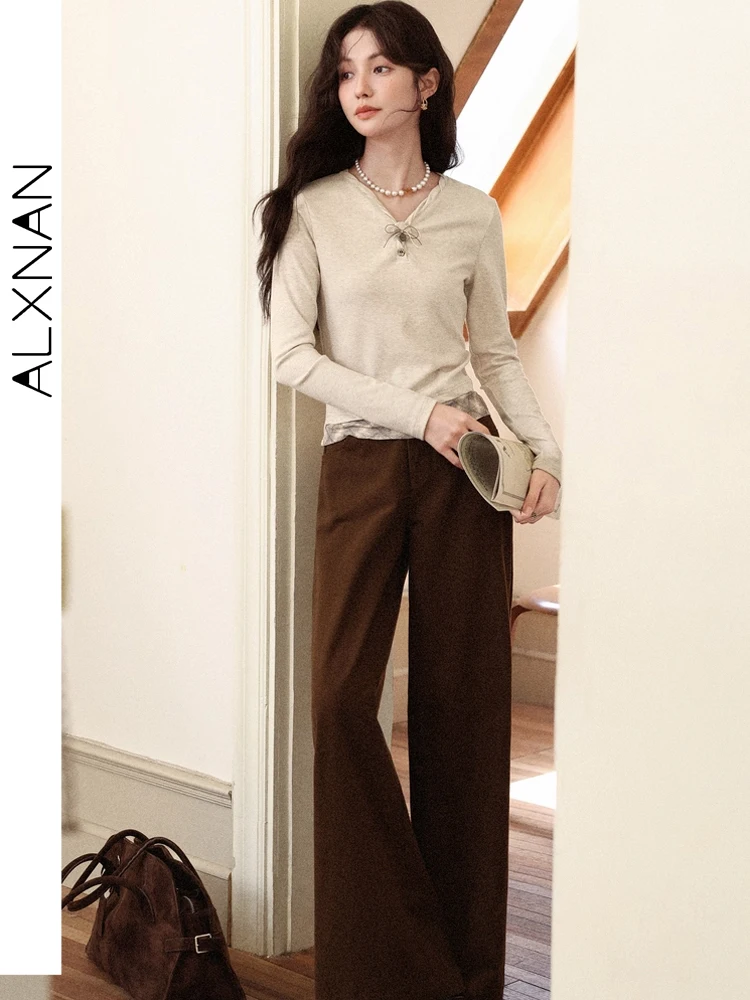 ALXNAN Women's Brown Pants 100% Cotton Wide Leg Straight Pants 2025 Office Lady Casual Loose fit Baggy Female Trousers L57183