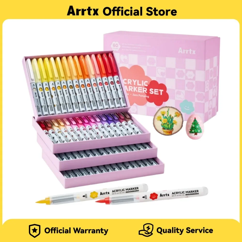 Arrtx 36/60 Colors Cartoon Acrylic Paint Pens Acrylic Markers Soft Brush Tip for Rock Painting Ceramic Glass Wood Plastic Metal
