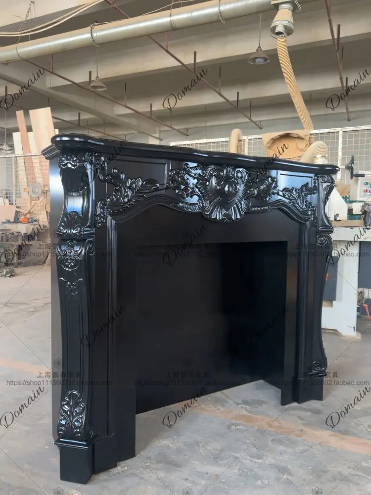 French retro solid wood carving flower fireplace decorative cabinet classical American black fireplace entrance cabinet