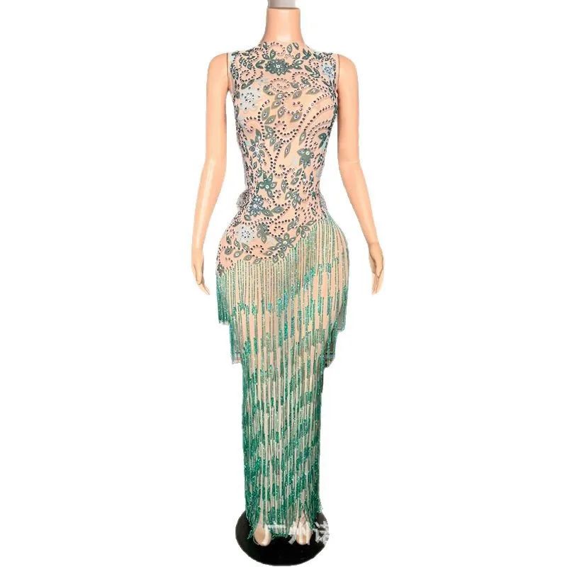 2026 French Elegant Water Dark Green Tassel Dress Wedding Master Of Ceremonies Host Performance Uniform Adult Model Fashion Show