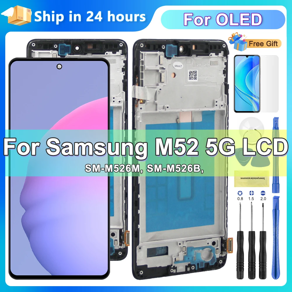 For AMOLED for Samsung M52 5G Screen With Frame, LCD Display for Samsung M526 M526B Touch Screen Digital Assembly Replacement