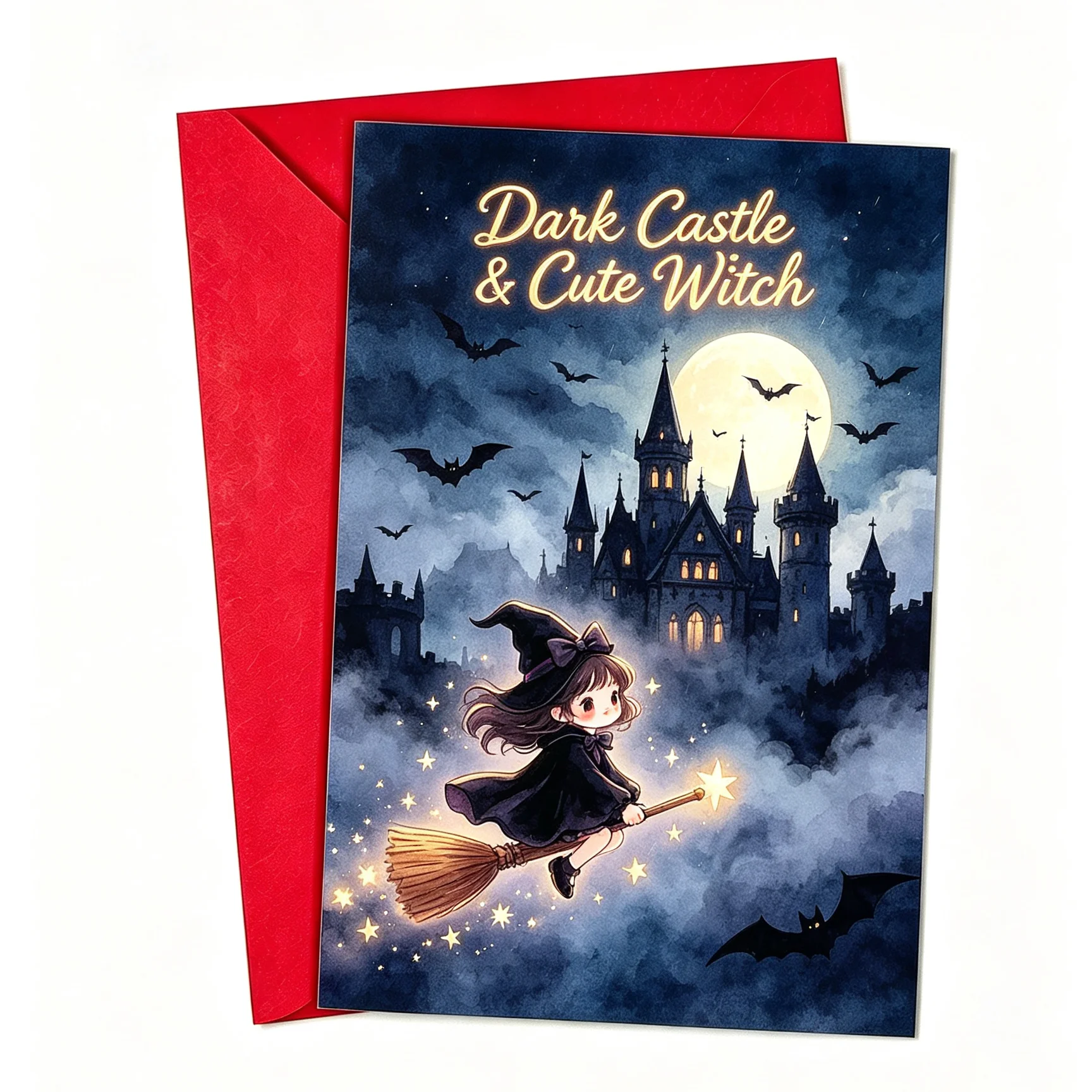 Tarjeta de Felicitación Halloween Acuarela con Sobre Rojo Castillo Oscuro y Brujita Linda Luna Llena Murciélago Escoba Mágica Tarjeta Mensaje Fiesta Espeluznante Regalo
