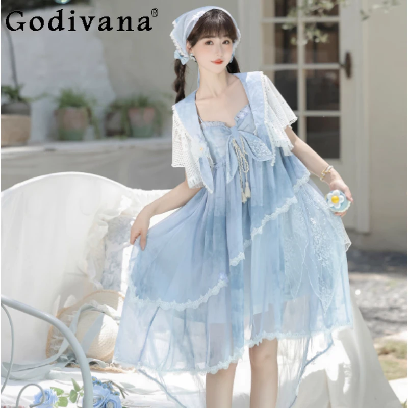

Summer Elegant Lolita Sweet Daily New Chinese Suspender Dress Girl Fashion High Waist Versatile Age Reduction Irregular Dresses
