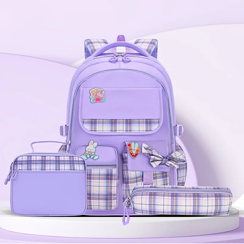 3pcs Protecting The Spine Ergonomics Elementary School Students Girls Checkered Backpack Large Capacity Lightweight Waterproof