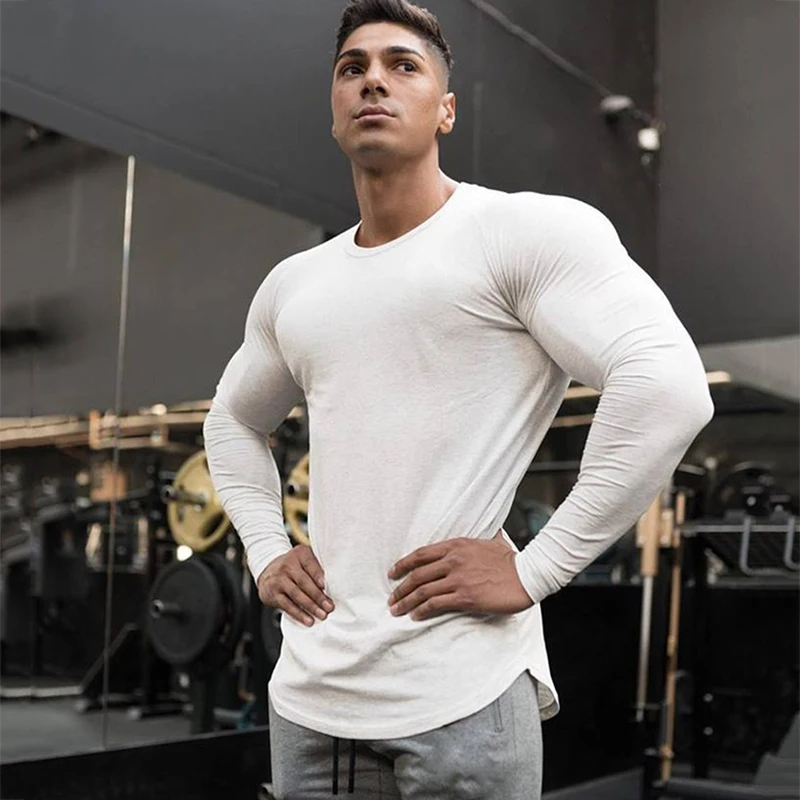 Spring Autumn Slim Fit Cotton Fitness Long Sleeve T Shirt Men Sports T-Shirt O-neck Running Tee Shirt Gym Bodybuilding Tshirt