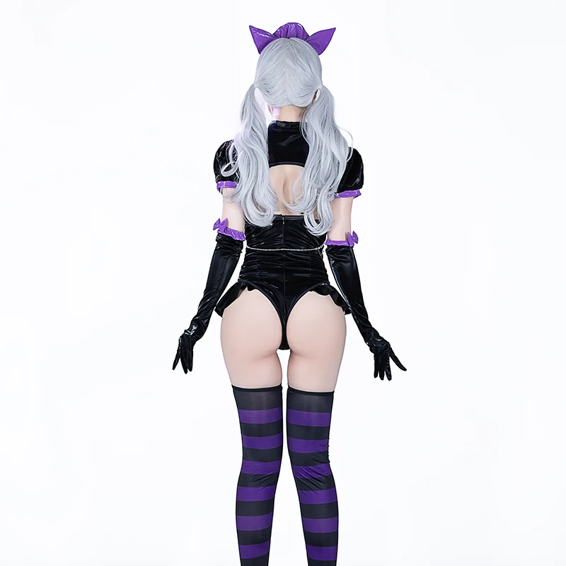 زي تنكري أصلي للخادمة اللطيفة من SENMHS بدلة ضيقة من جلد البولي يوريثان اللامع مع جوارب مخططة متطابقة لحفلات الهالوين #5