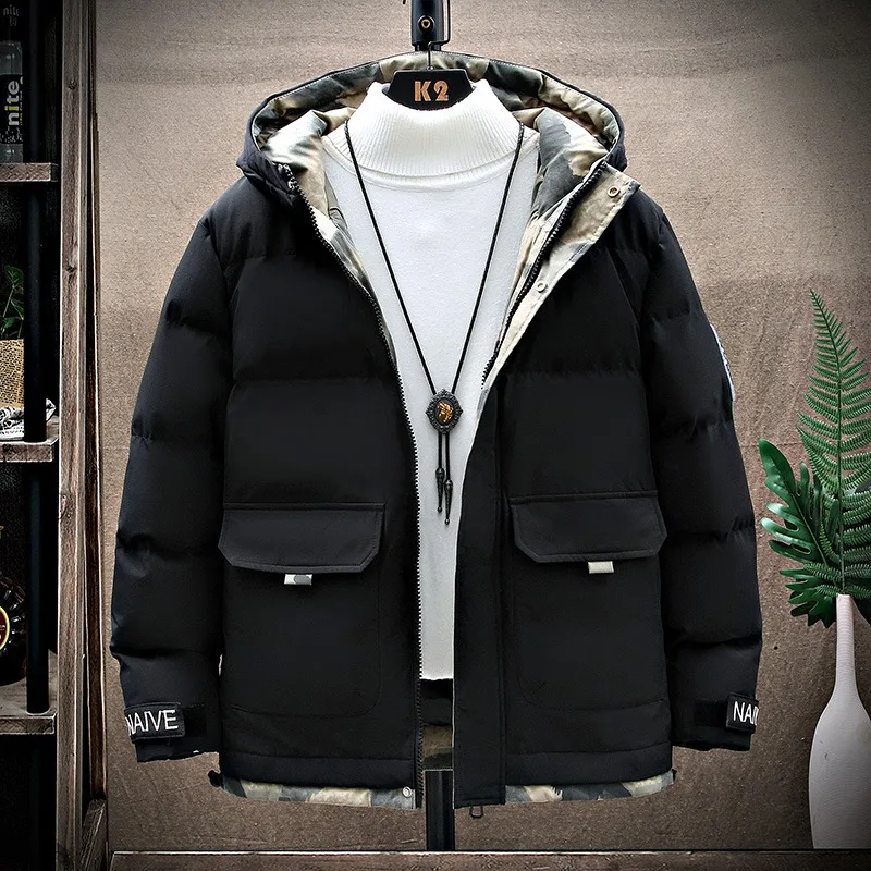 

Men's Thiened Fce Lined Bread Jaet Autumn Winter Warm Outerwear Cotton Clothes Loose Fit Hooded Regular Length