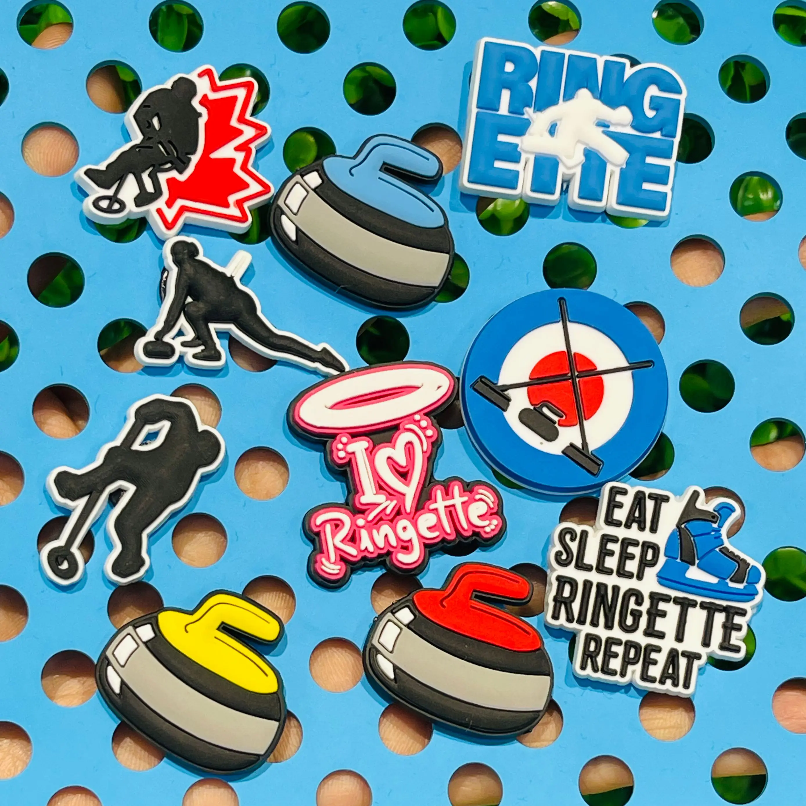 1-10Pcs Sports Curling PVC Shoes Charms Decorations Woman I Love Ringette Sandals Designer Clog DIY Children Party Gift