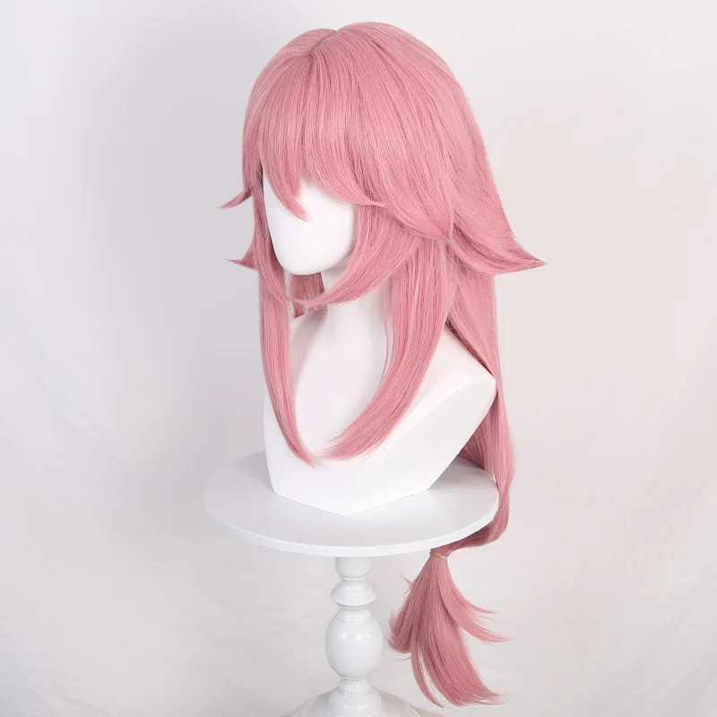 Yae miko peruca genshin impacto cosplay projeto celestia rosa longo staight resistente ao calor peruca de cabelo sintético adulto + boné peruca grátis