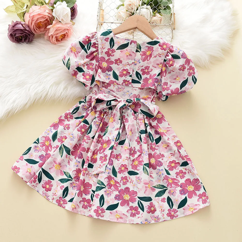 Kids Girls Dress Clothes 3-7 Years Summer New Girls Puff Sleeve Floral Dress Fashion Dress Birthday Princess Dress Vestidos