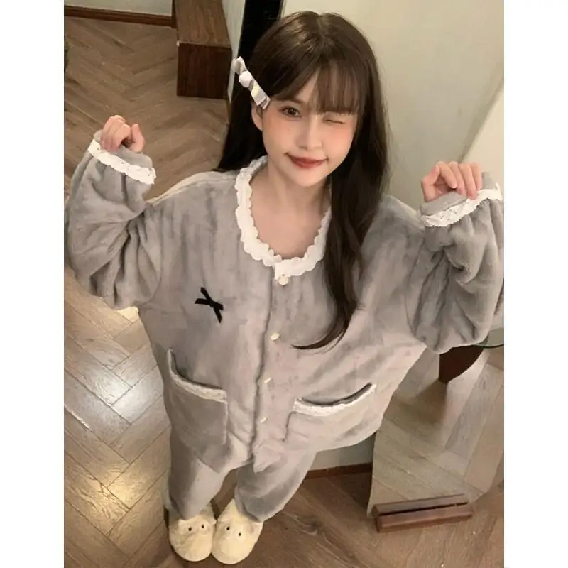 

New Students Homewear Winter Women's Pajama Set Girl Nightwear Lace Flannel Sleepwear Cute Cozy Thick Coral Fleece Loungewear