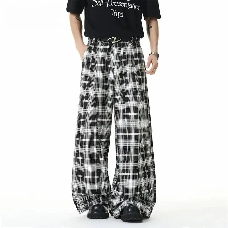 

Old Money Style American Summer Pure Cotton Black And White Plaid Men's Casual Pants Loose Straight Long Pants
