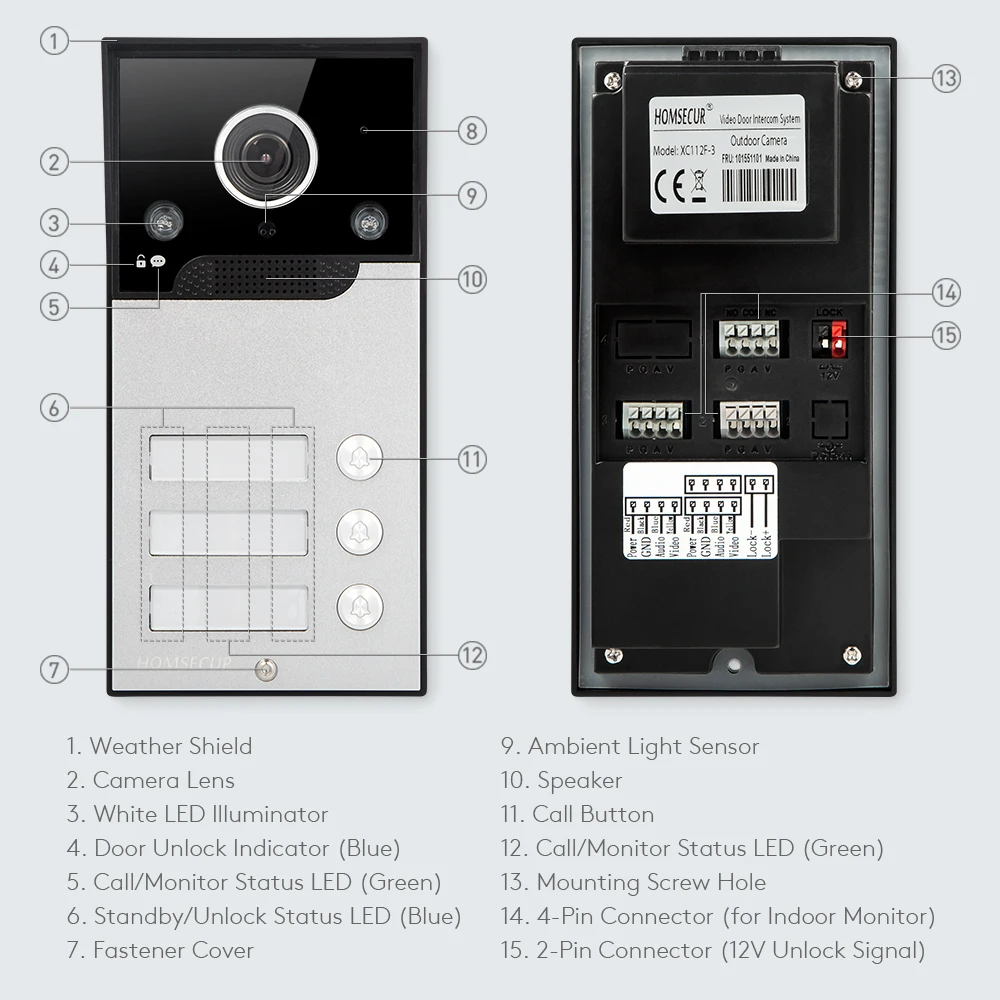XC112F-3 Telecamera per campanello HD IP65 con 3 pulsanti di chiamata per 4 fili 1080P Tuya APP Videocitofono Citofono Sicurezza domestica 3 appartamenti