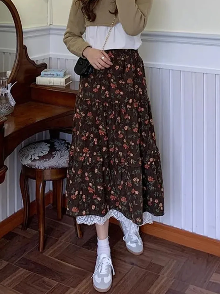 Fall Floral Long Skirt Women Sweet Vintage Lace Patchwork Elegant Skirts Casual Loose Female Preppy Style Retro A Line Skirt New