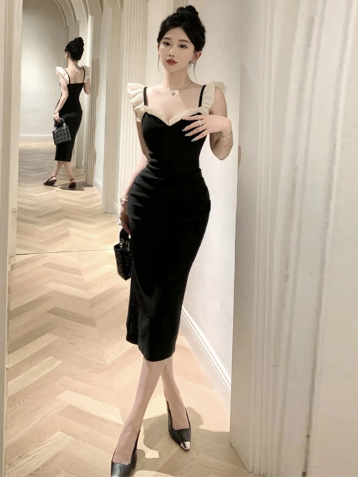 

Сексуальное платье миди с v-образным вырезом, отслеживающимися краями и деревянными ain для женщин, модное бархатное вечернее платье с высокой талией