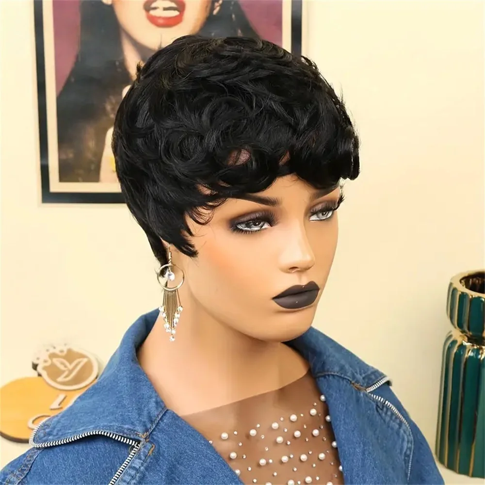 شعر مستعار بقص عابث شعر بشري قصير للنساء، شعر مستعار عابث أسود طبيعي، شعر مستعار بطبقات مع غرة، شعر مستعار مموج طبيعي #3