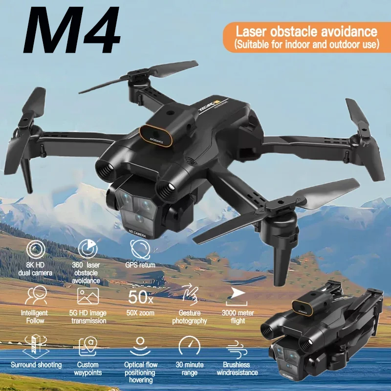 M4 RC Drone 8K Professinal With 5G WIFI Wide Angle Triple HD Camera Foldable Helicopter Obstacle Avoidance  Quadcopter Boy Gifts