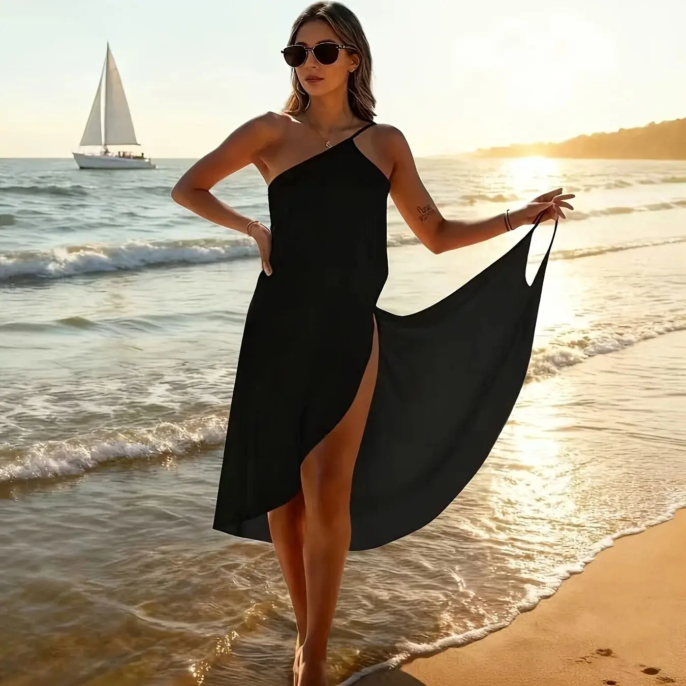 

Женское черное пляжное платье-накидка на одно плечо с завязками, идеально подходящее для отдыха у бассейна, с пляжным полотенцем и тонкими бретелями.