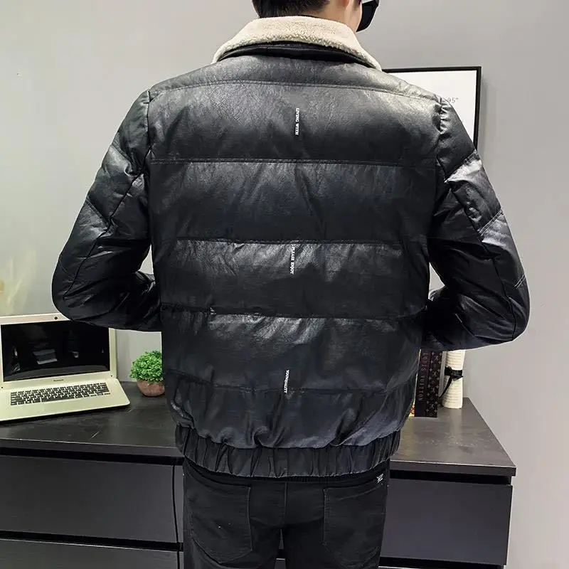 Winter Coat Men 2023 New Trendy Casual and Handsome Short Coat Slim-Fit Leather Cotton-Padded Coat Padded Down Jacket