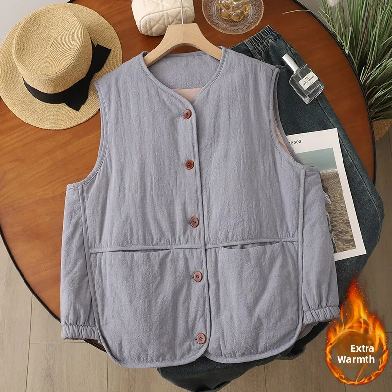 

Lightweight Cotton Linen Vest Women's Loose Casual Layering Outerwear Warm Cotton Jaet Commute Sle V-ne Regular Length